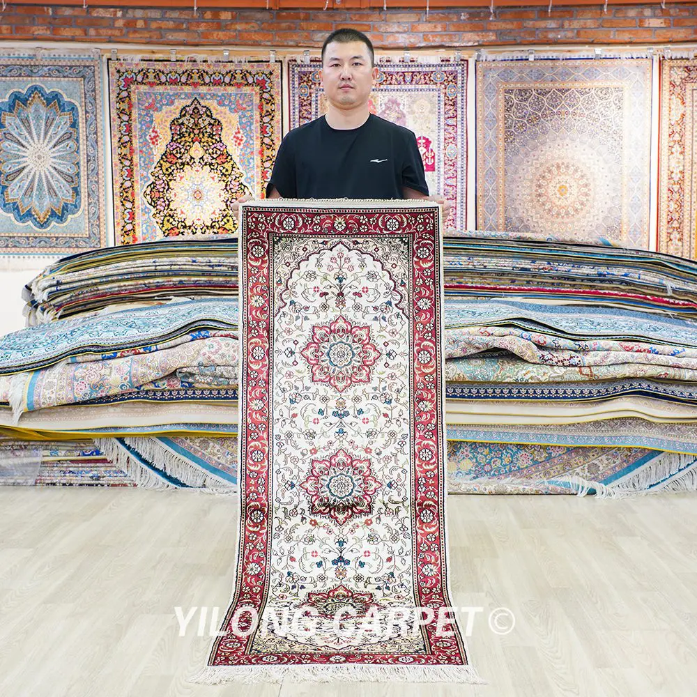 Persian Rug Runner Red Floral Hand Knotted Silk Rug 2.5x6ft