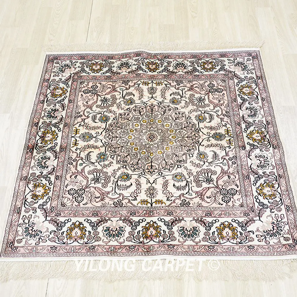 Luxury Handmade Silk Rug Beige Square Rug Collection 4x4ft - Image 3