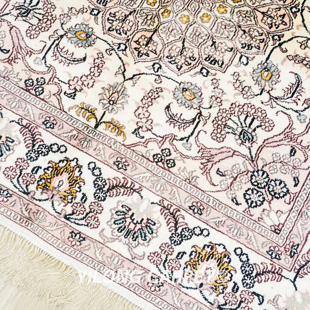 Luxury Handmade Silk Rug Beige Square Rug Collection 4x4ft - Image 4