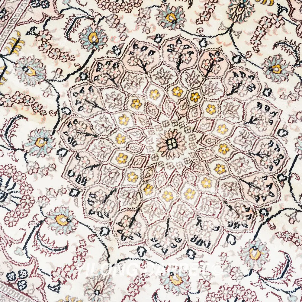 Luxury Handmade Silk Rug Beige Square Rug Collection 4x4ft - Image 6