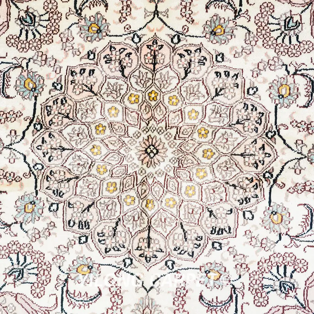 Luxury Handmade Silk Rug Beige Square Rug Collection 4x4ft - Image 7