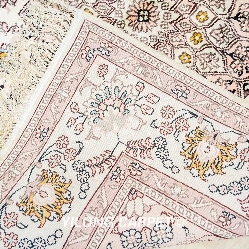 Luxury Handmade Silk Rug Beige Square Rug Collection 4x4ft - Image 9