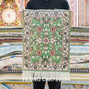 Small Green Floral Hand Knotted Silk Rug 1.5x2ft