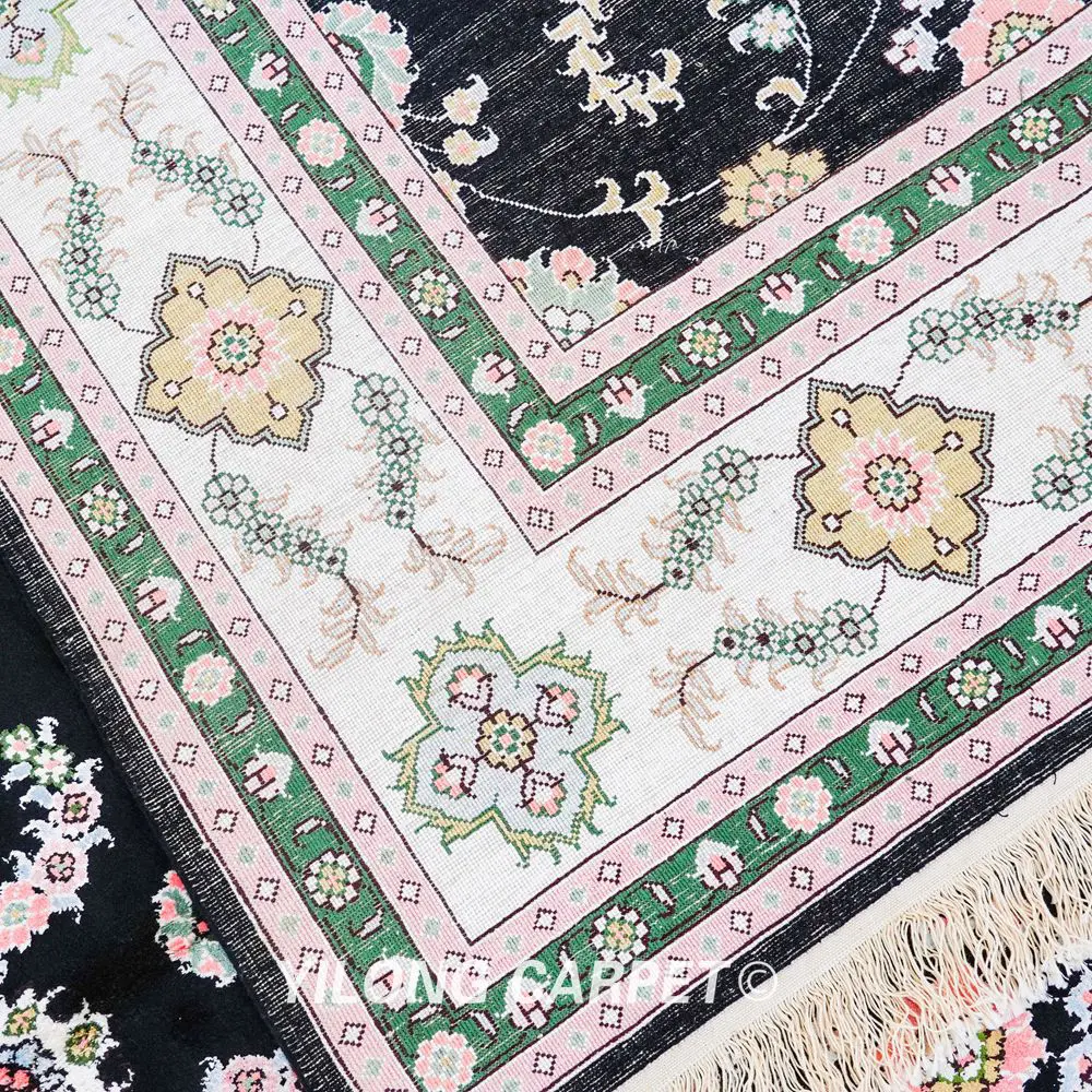 Pakistan Carpet Black Floral Hand knotted Silk Oriental Persian Rug 6x9ft - Image 5