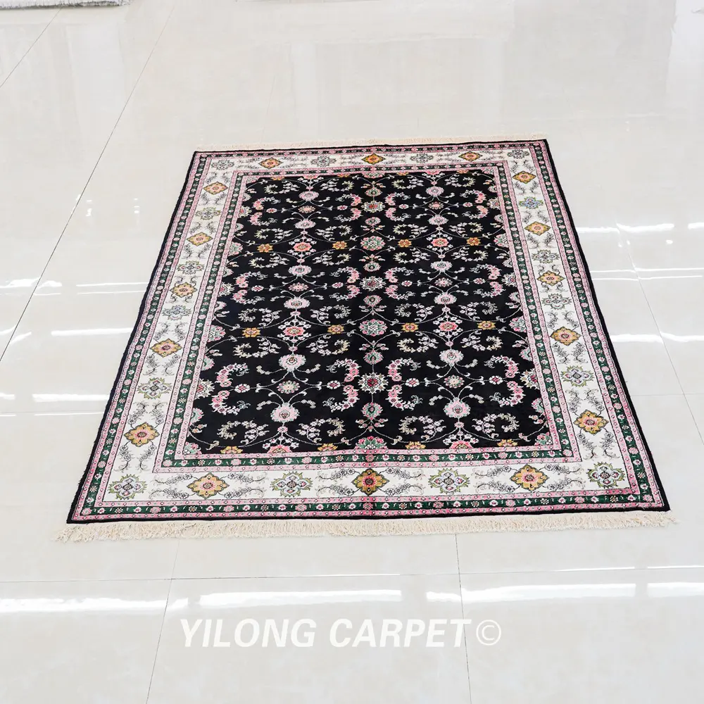 Pakistan Carpet Black Floral Hand knotted Silk Oriental Persian Rug 6x9ft