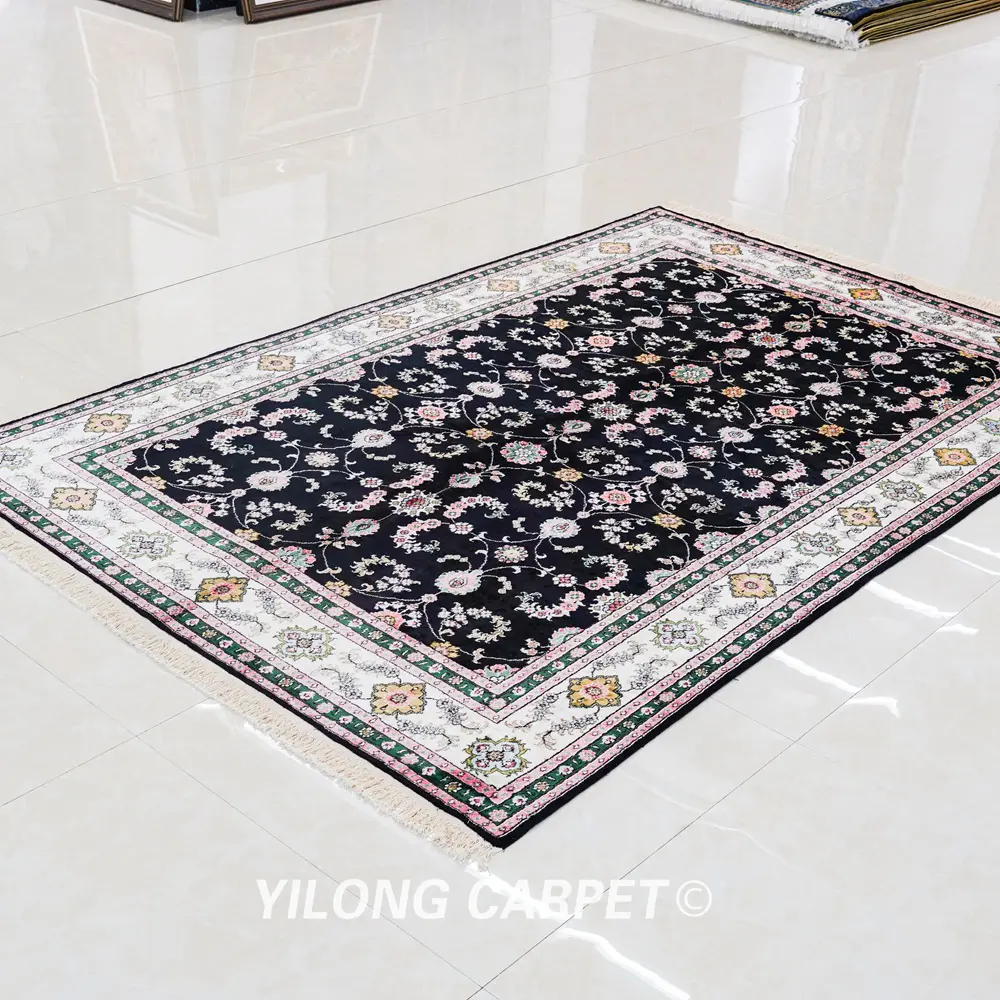 Pakistan Carpet Black Floral Hand knotted Silk Oriental Persian Rug 6x9ft - Image 4