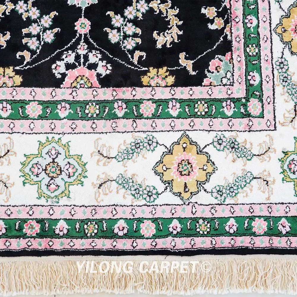 Pakistan Carpet Black Floral Hand knotted Silk Oriental Persian Rug 6x9ft - Image 6