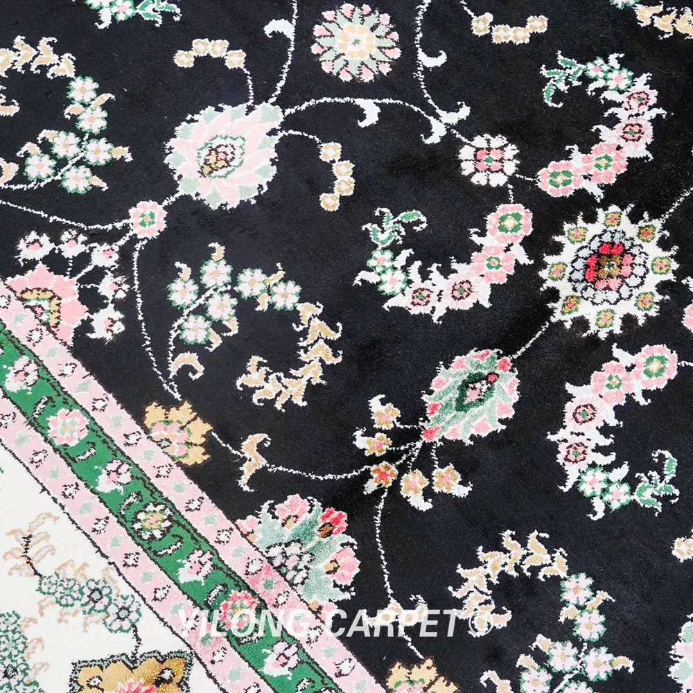 Pakistan Carpet Black Floral Hand knotted Silk Oriental Persian Rug 6x9ft - Image 7