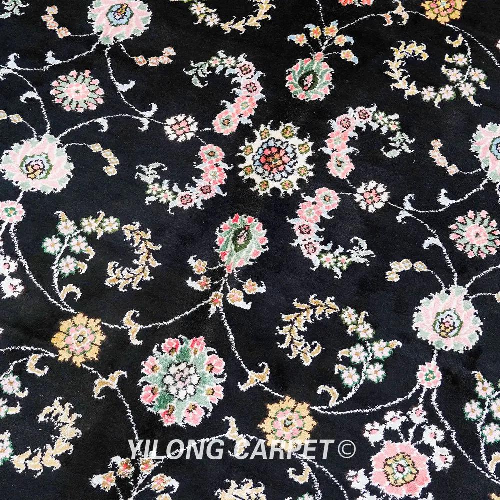 Pakistan Carpet Black Floral Hand knotted Silk Oriental Persian Rug 6x9ft - Image 8