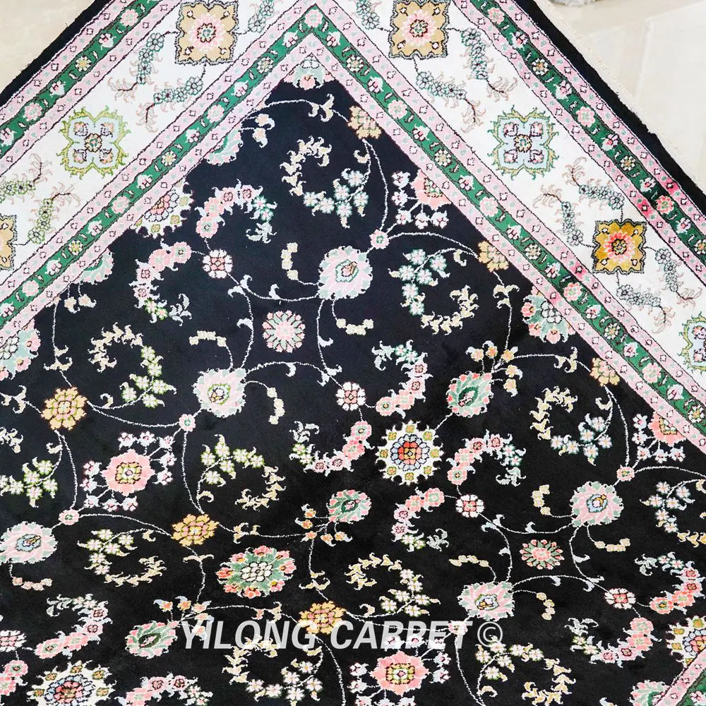 Pakistan Carpet Black Floral Hand knotted Silk Oriental Persian Rug 6x9ft - Image 9