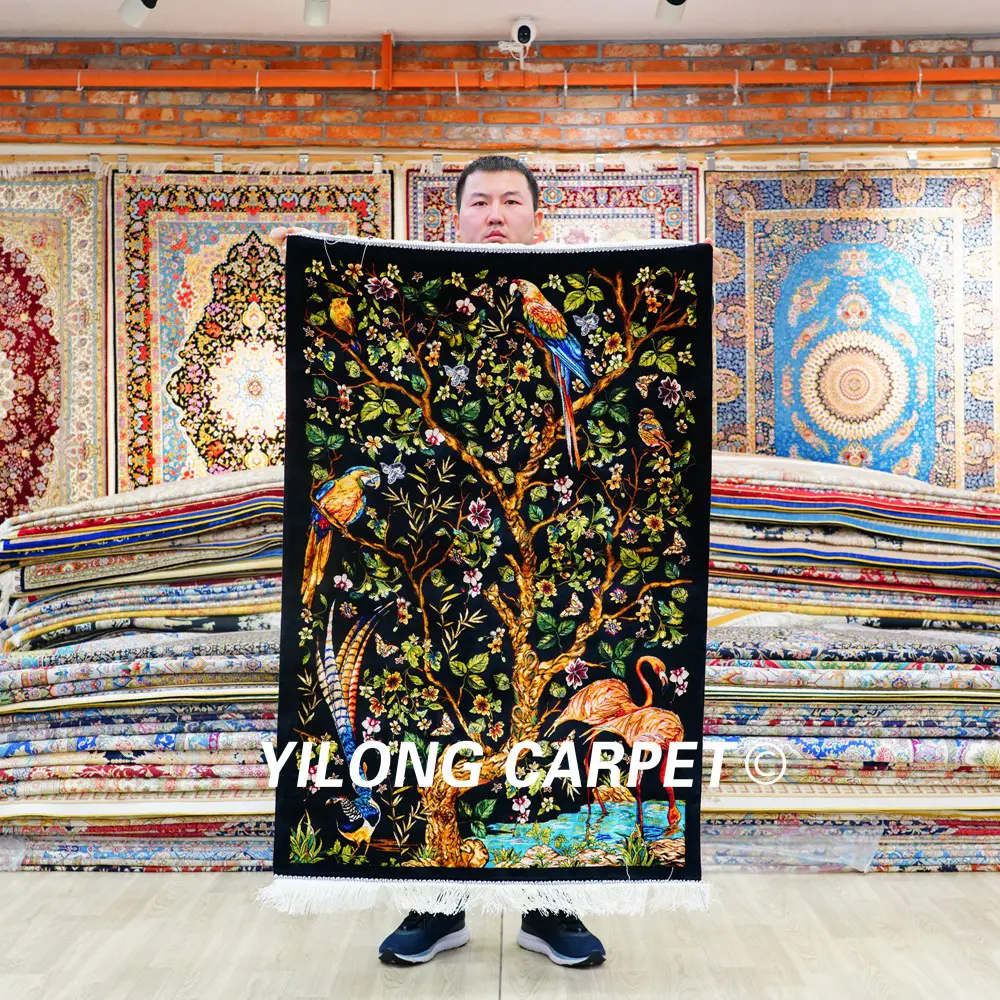 Persian Rug Silk Handmade Black Tree of Life Tapestry 2.6x4.1ft