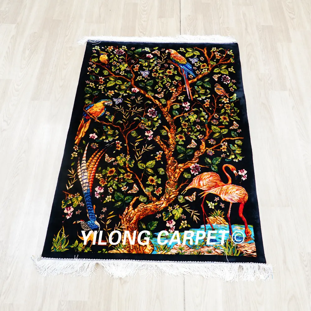 Persian Rug Silk Handmade Black Tree of Life Tapestry 2.6x4.1ft - Image 3