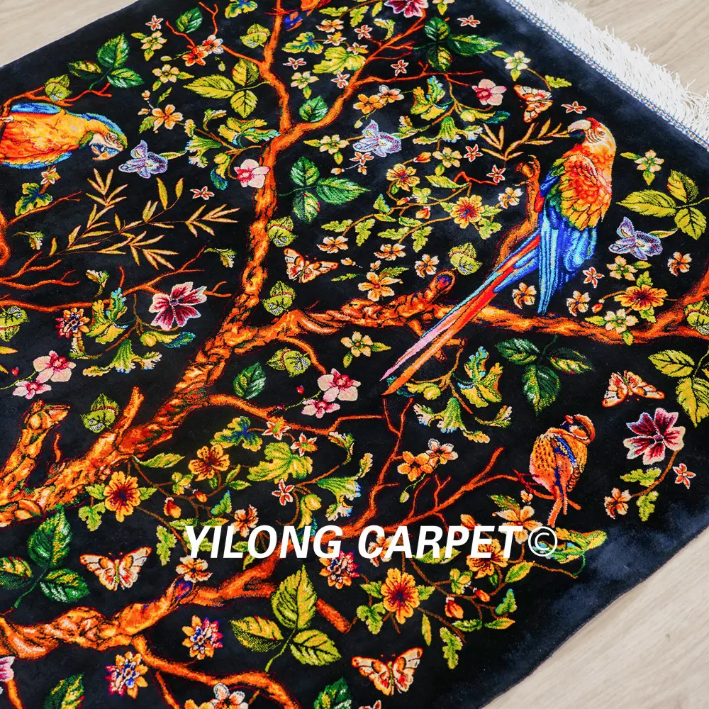 Persian Rug Silk Handmade Black Tree of Life Tapestry 2.6x4.1ft - Image 7