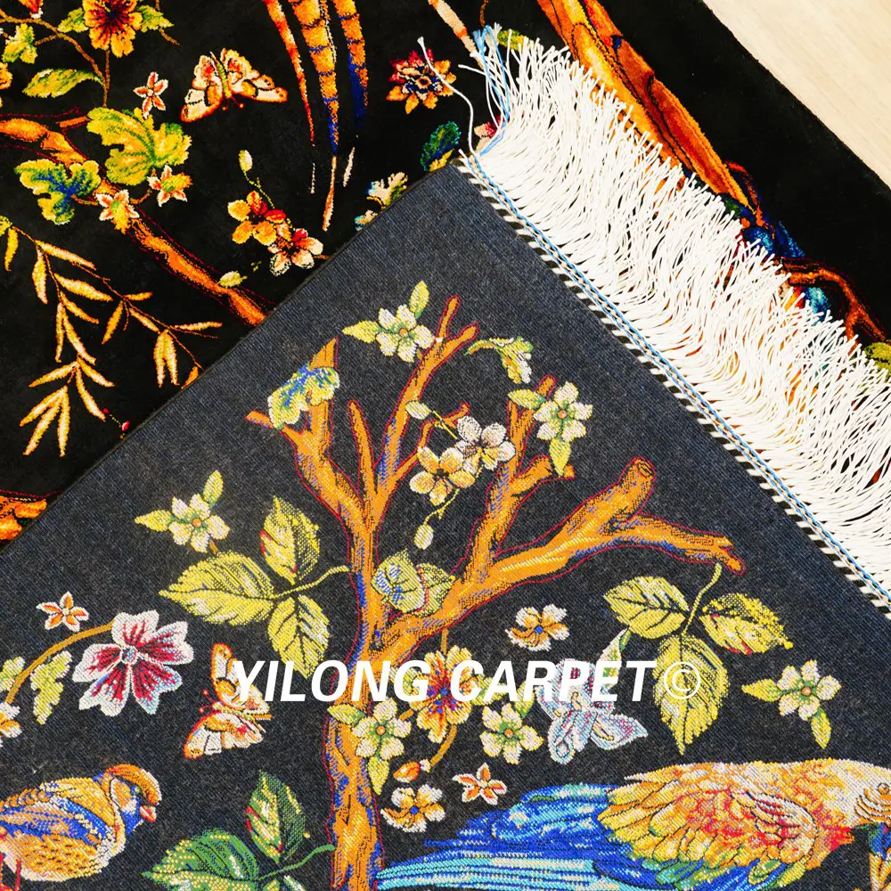 Persian Rug Silk Handmade Black Tree of Life Tapestry 2.6x4.1ft - Image 9