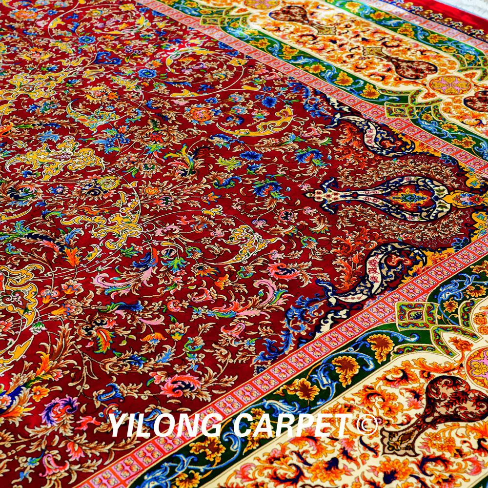 Persian Silk Carpet Floral Handmade Silk Villa Living Room Carpet 9.84x13.12ft - Image 7