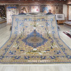 Hand-Knotted Silk Rug Floral Pure Silk Carpet for Living Room 9x12ft
