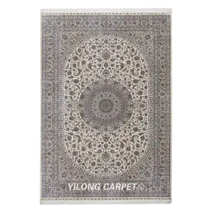 Pure Silk Isfahan Rug Beige Hand Knotted Silk Carpet 7x10ft