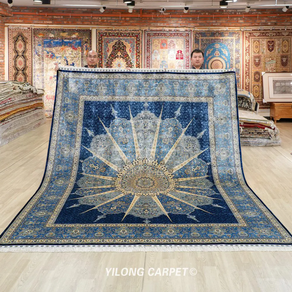 Handmade Silk Carpet Turkish Blue Rug for Bedroom 8x10ft - Yilong