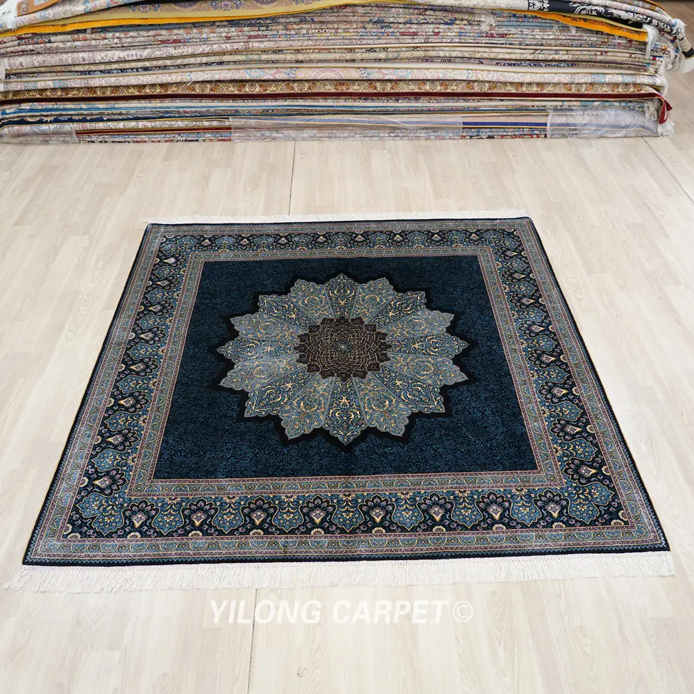 Blue Turkish Silk Rug Hand-knotted Square Villa Carpet 6x6ft