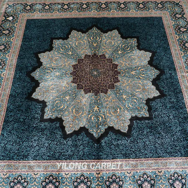 Blue Turkish Silk Rug Hand-knotted Square Villa Carpet 6x6ft