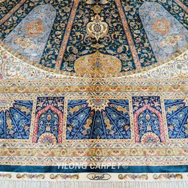 Persian Dom Design Handmade Blue Silk Classic Oriental Carpet Persian Dom Design Handmade Blue Silk Classic Oriental Carpet
