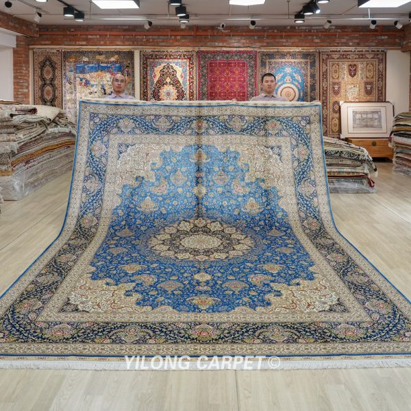 Persian Rug Handmade Blue Silk Classic Oriental Carpet 9x12ft