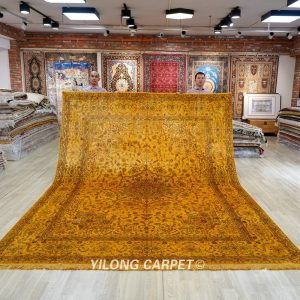 Persian Antique Handmade Golden Silk Classic Oriental Carpet 9x12ft