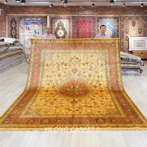 Antique Hand-Knotted Silk Rug Golden Persian Carpet for Villa Room 8x10ft