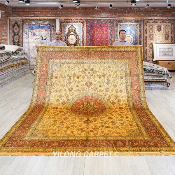 Antique Hand-Knotted Silk Rug Golden Persian Carpet for Villa Room 8x10ft