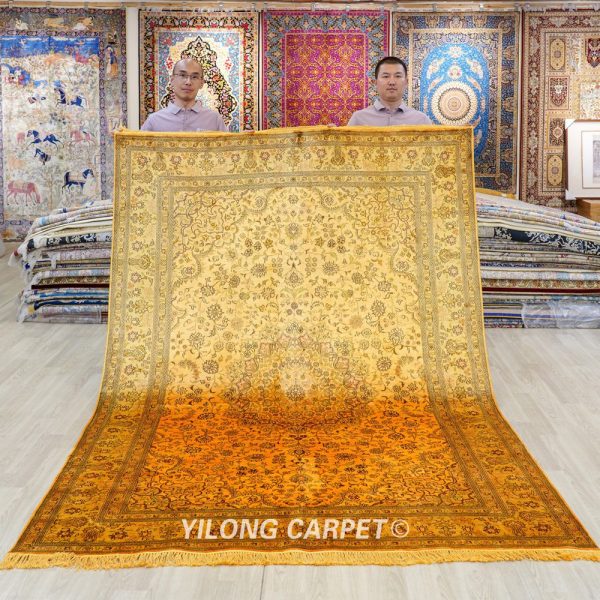 Antique Persian Handmade Carpet Silk Golden Oriental Rug 6x9ft