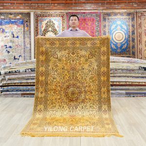 Vinatge Antique Rug Golden Oriental Handmade Area Silk Rug 4x6ft