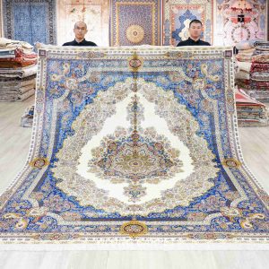 Persian Silk Rug Handmade Beige Silk Classic Oriental Carpet 9x12ft