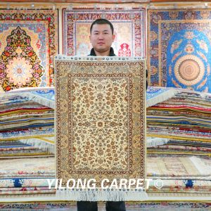 Turkish Rug Small Oriental Beige Hand Knotted Silk Rug 2x3ft