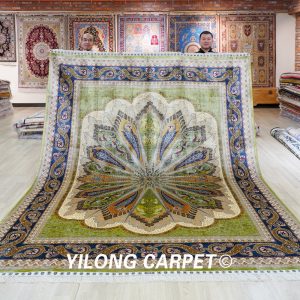Hand-Knotted Silk Rug Green Pecock Silk Turkish Carpet for Bedroom 8x10ft