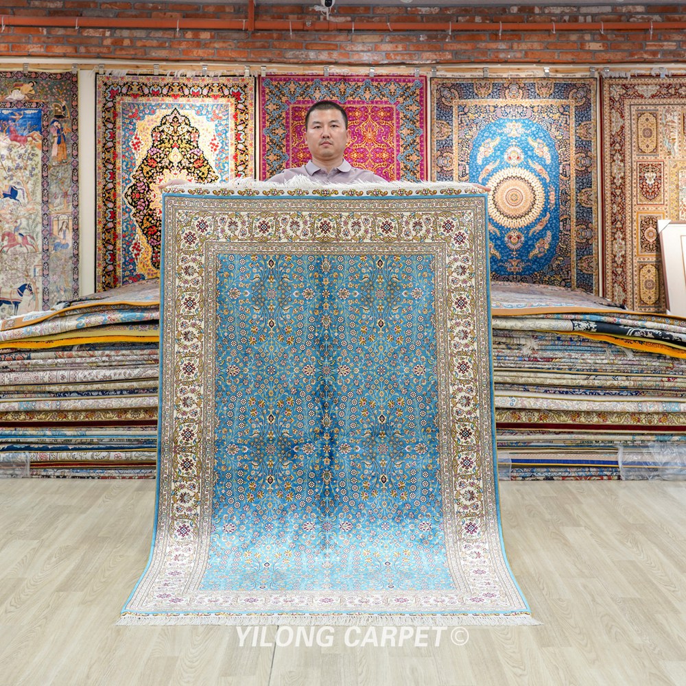 Turkish Rug Blue Handmade Silk Villa Rug 4x6ft