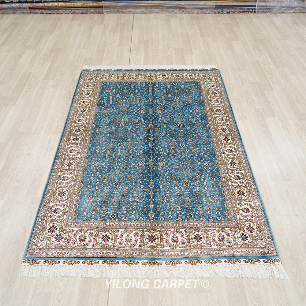 Turkish Rug Blue Handmade Silk Villa Rug 4x6ft - Image 3