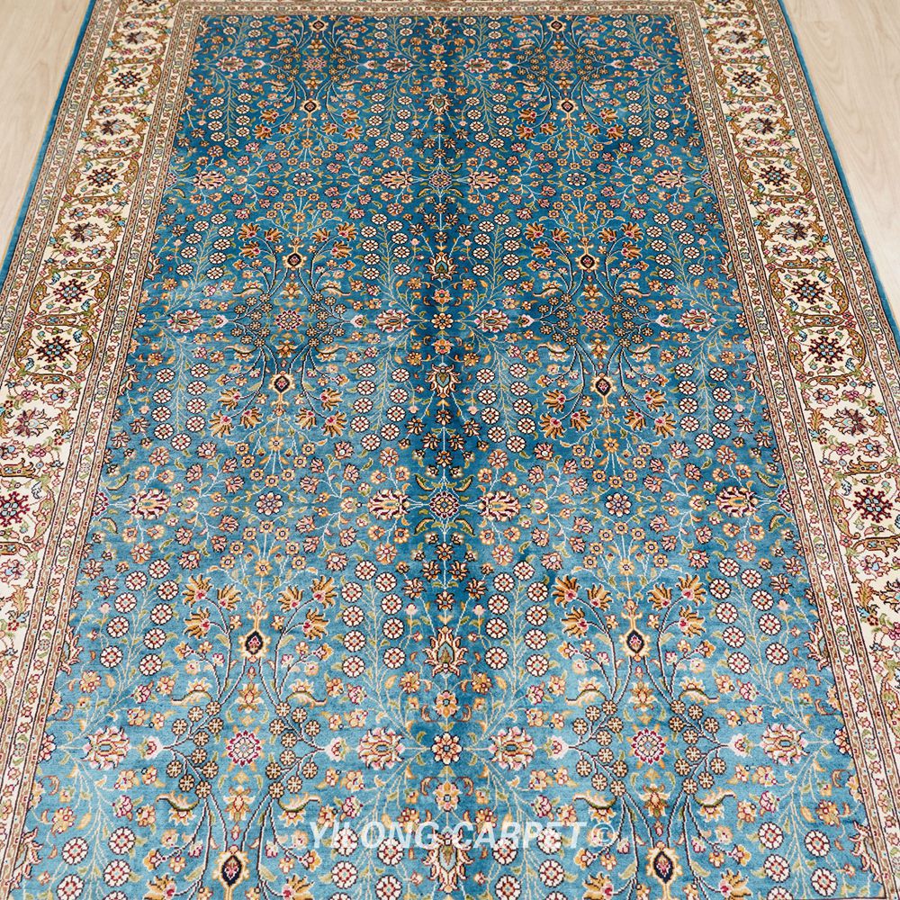 Turkish Rug Blue Handmade Silk Villa Rug 4x6ft - Image 4