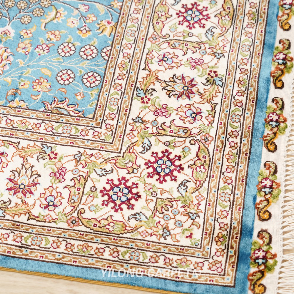 Turkish Rug Blue Handmade Silk Villa Rug 4x6ft - Image 8