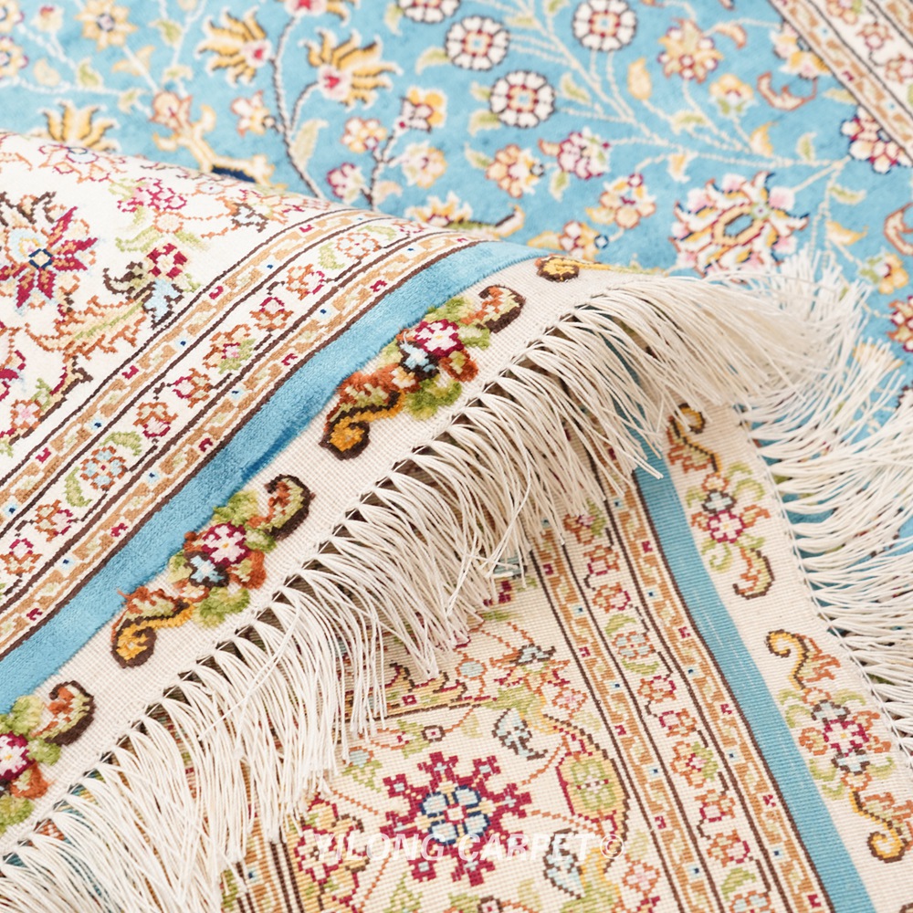 Turkish Rug Blue Handmade Silk Villa Rug 4x6ft - Image 9