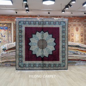 Red Turkish Silk Rug Hand-knotted Square Villa Carpet 6x6ft