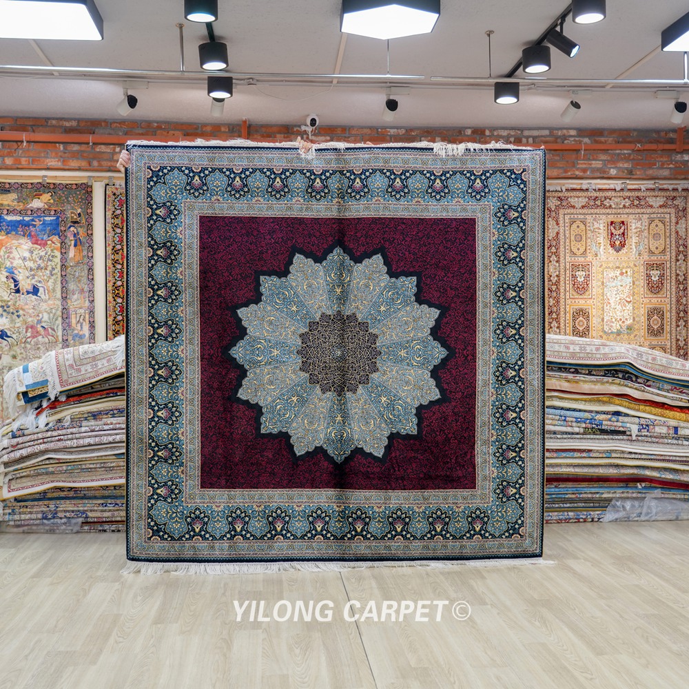 Red Turkish Silk Rug Hand-knotted Square Villa Carpet 6x6ft