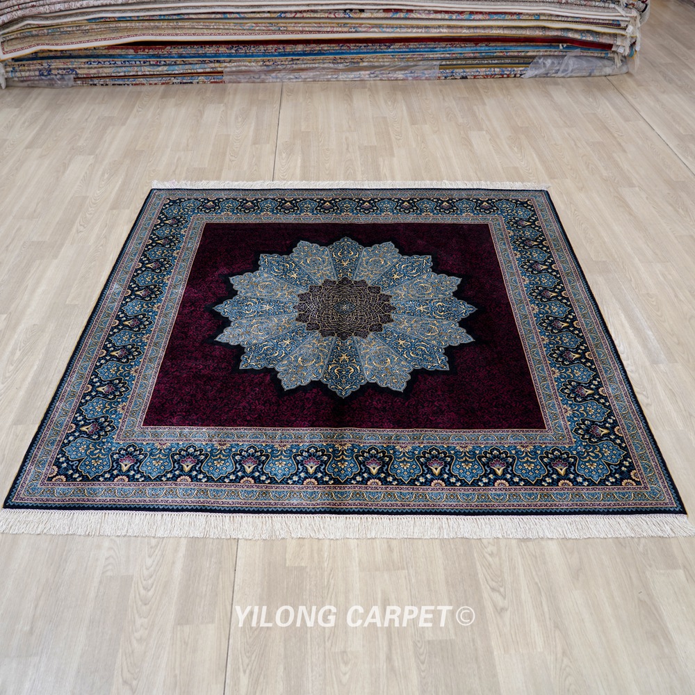 Red Turkish Silk Rug Hand-knotted Square Villa Carpet 6x6ft - Image 3