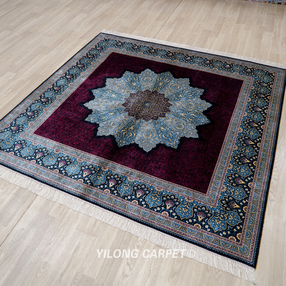 Red Turkish Silk Rug Hand-knotted Square Villa Carpet 6x6ft - Image 4