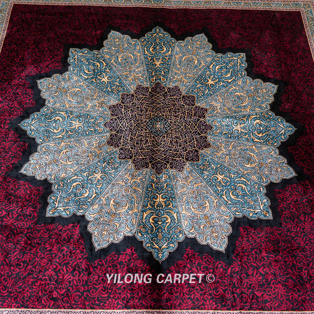 Red Turkish Silk Rug Hand-knotted Square Villa Carpet 6x6ft - Image 5