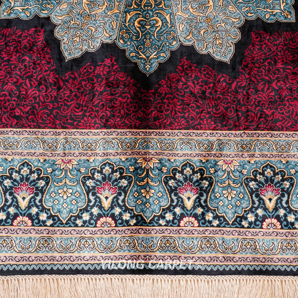 Red Turkish Silk Rug Hand-knotted Square Villa Carpet 6x6ft - Image 6