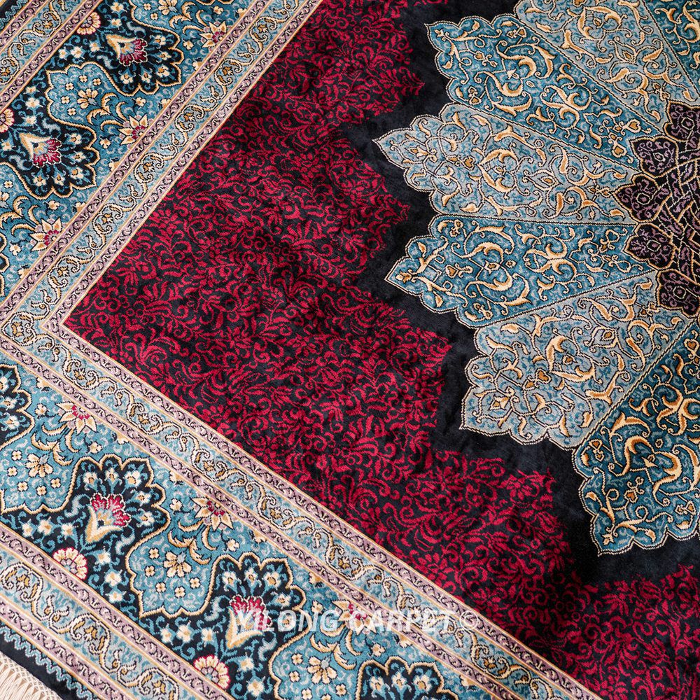 Red Turkish Silk Rug Hand-knotted Square Villa Carpet 6x6ft - Image 7