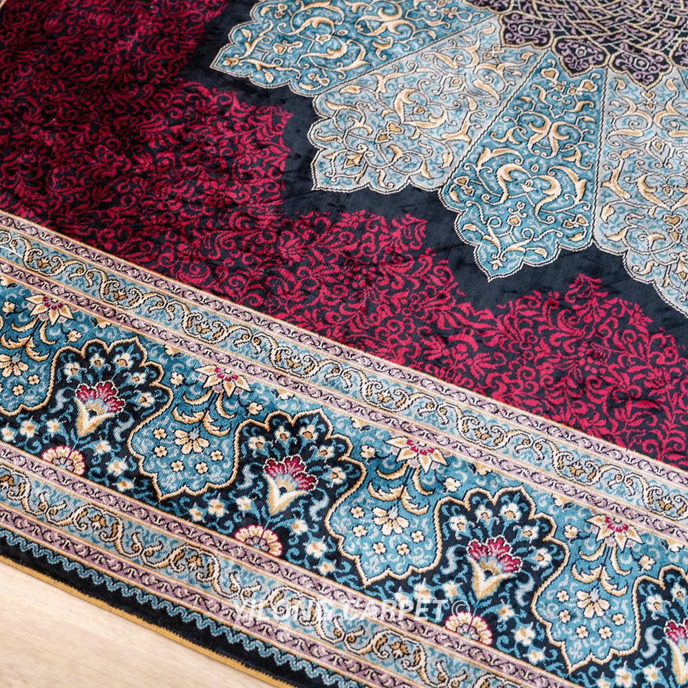 Red Turkish Silk Rug Hand-knotted Square Villa Carpet 6x6ft - Image 8