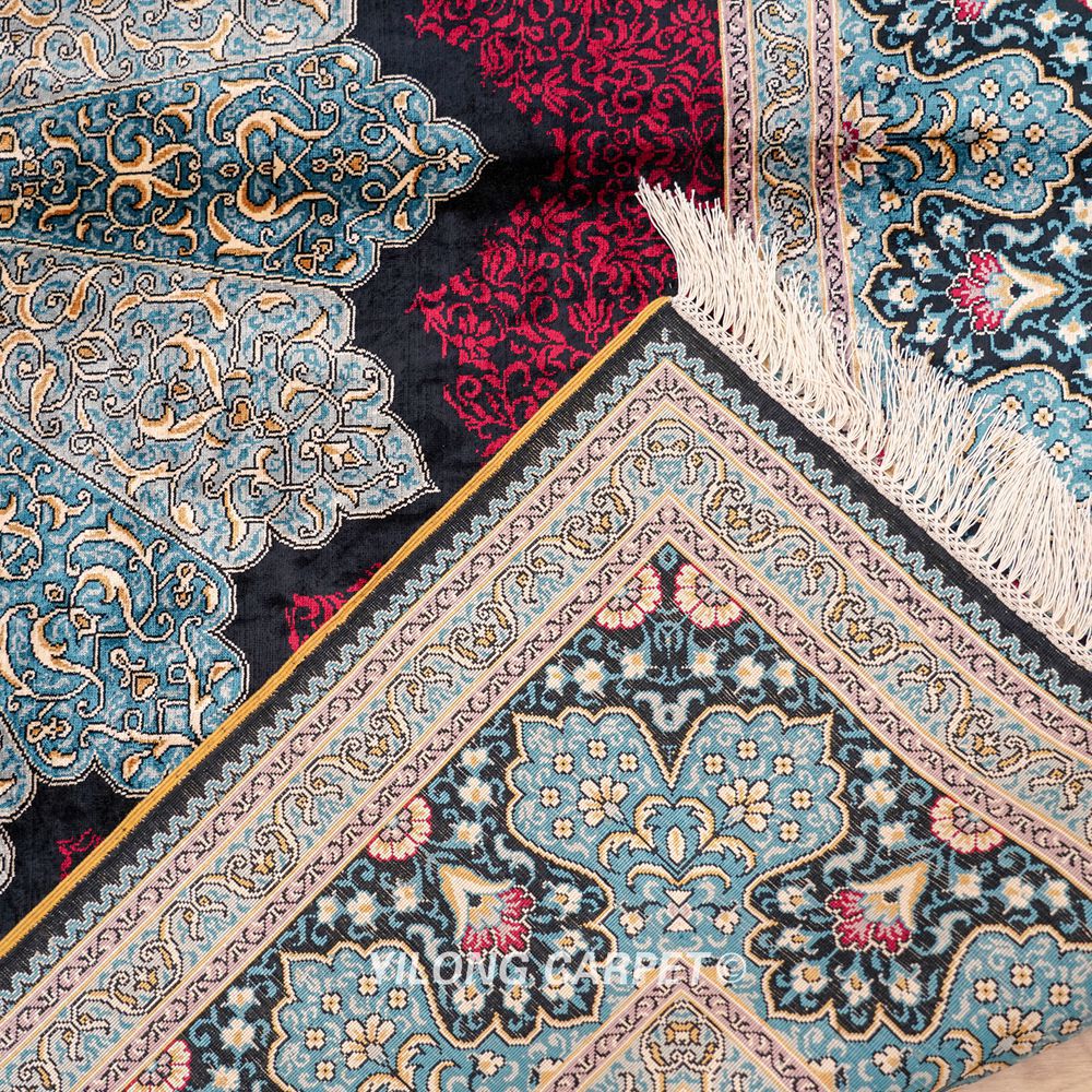 Red Turkish Silk Rug Hand-knotted Square Villa Carpet 6x6ft - Image 9