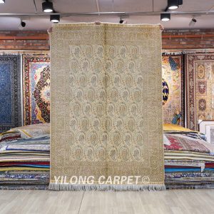 Paisley Design Silk Rug Oriental Beige Handmade Carpet 5x7ft