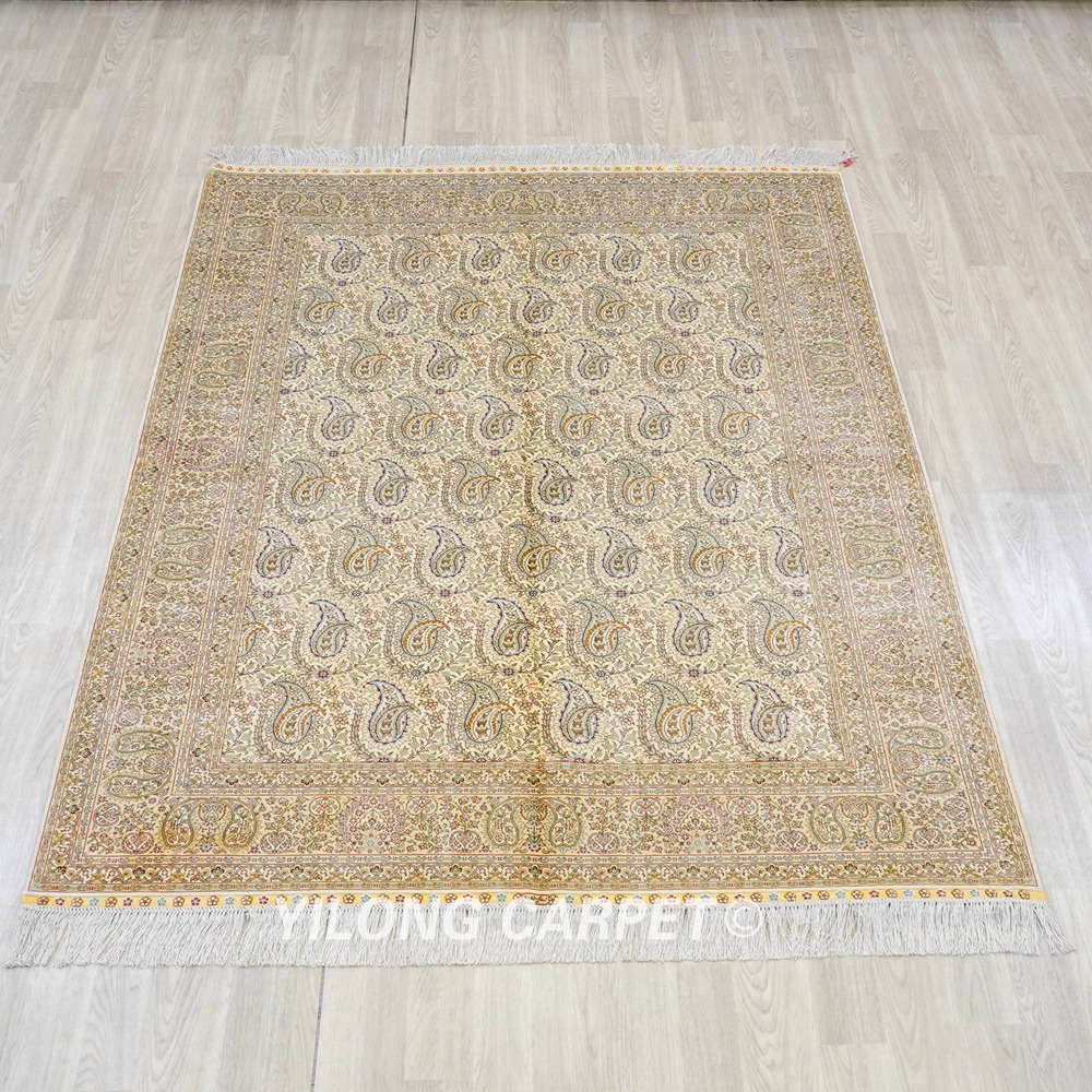 Paisley Design Silk Rug Oriental Beige Handmade Carpet 5x7ft - Image 3